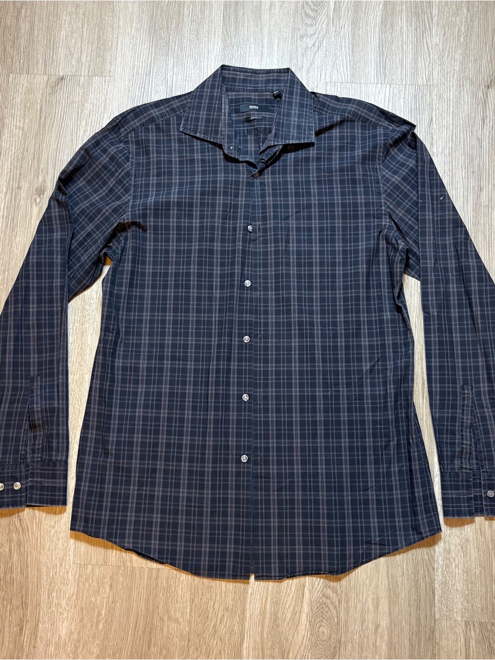 Boss Men's Dark Navy Plaid Dress Shirt